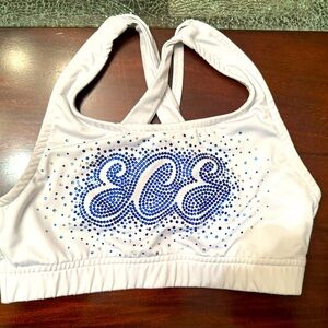 ECE girls sports bra size YM blue rhinestone logo. Criss cross back